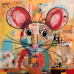 A patchwork collage of a abstract mouse. A assemblage of textured elements. Vibrant colours  - 675211776