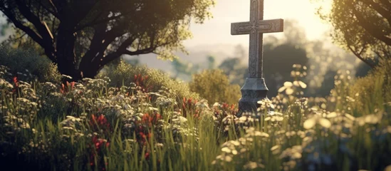 Foto op Plexiglas The cross stood tall in the landscape of the cemetery with an herb garden blooming beside it while the intricate detail of the crucifix adorned the tomb © TheWaterMeloonProjec