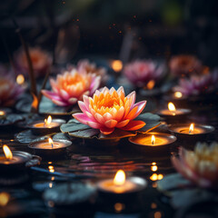 A pond with water lilies and a glowing orange lotus flower Lois Kratom Day 28th November A Tranquil Pond with Water Lilies.AI Generative