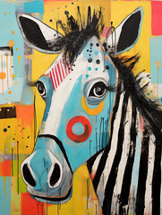 A patchwork collage of a zebra horse. A assemblage of textured elements. Vibrant colours 
