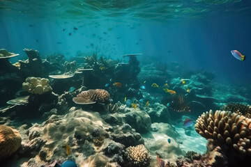 Naklejka na ściany i meble underwater coral reef landscape background in the deep blue Maldives ocean,
