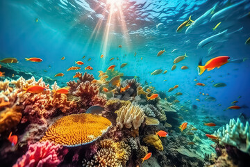 underwater coral reef landscape background in the deep blue Maldives ocean,