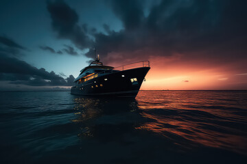 Concept of travel vacation and vessel trip. luxury yacht sling on ocean in Maldives, tropical island on background,