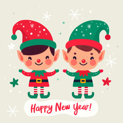 Happy new year banner, Cute Christmas elves, elf. Holiday cartoon character in winter season. Vector illustration	