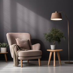 Armchair with pillow, glowing lamp, plant in pot, ottoman and round carpet on floor on gray wall background in living room. Generated AI. 