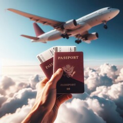 Travel planning concept,Hand holding Passport and Airline tickets with Airplane on blue sky background