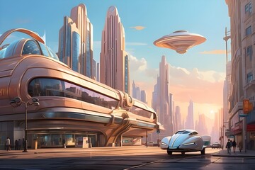 A retro-futuristic cityscape unfolds, where sleek metallic skyscrapers adorned with antique signage...