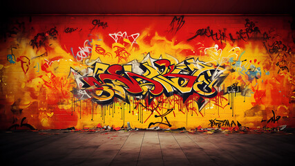 Fondo muro con grafiti texto con manchas amarillo y rojo