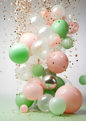 pink and green balloons with confetti