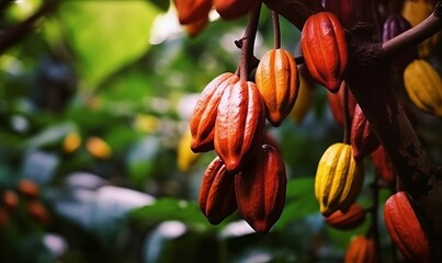 Cocoa tree with ripe fruits closeup, Generative AI - obrazy, fototapety, plakaty