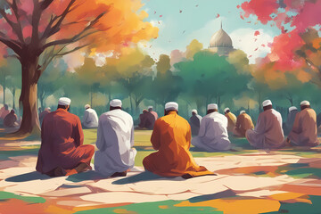 A group of muslim men offering namaaz at a park.	 - obrazy, fototapety, plakaty