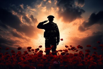 A silhouette of a military soldier standing in a field of poppies. Remembrance day - obrazy, fototapety, plakaty