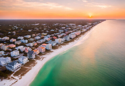 High angle aerial view on colorful sunset ocean landscape horizon with buildings and houses in Seaside, Florida. Gulf of Mexico cityscape.