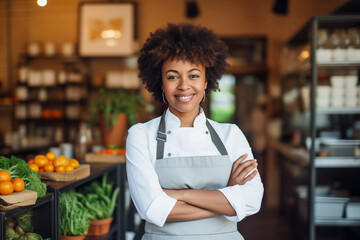Portrait of a beautiful Afro American female chef manager smiling and posing in an elegant restaurant hall. - obrazy, fototapety, plakaty