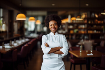 Portrait of a beautiful Afro American female chef manager smiling and posing in an elegant restaurant hall. - obrazy, fototapety, plakaty