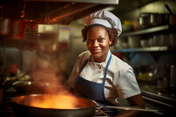 Portrait of a beautiful Afro American female chef smiling and cooking at restaurant professional kitchen. 