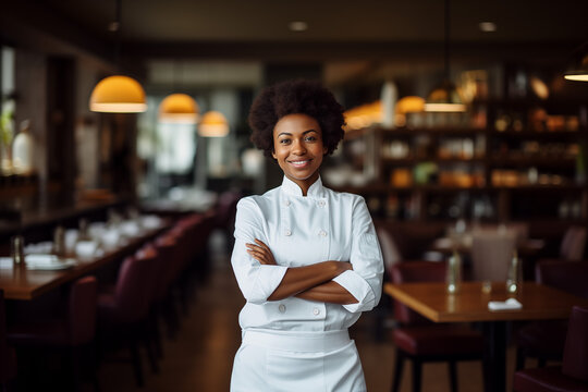 Portrait of a beautiful Afro American female chef manager smiling and posing in an elegant restaurant hall.