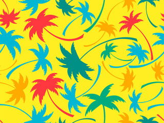 Fototapeta na wymiar Seamless pattern with colorful palm trees. Summer time, wallpaper with tropical palm trees pattern. Design for printing t-shirts, banners and promotional items. Vector illustration