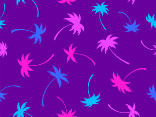 Colorful palm trees seamless pattern. Summer time, wallpaper with tropical palm trees pattern, pink and blue colors. Design for printing t-shirts, banners and promotional items. Vector illustration