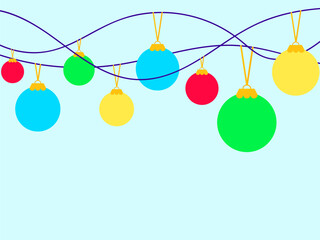 Merry Christmas greeting card and hanging Christmas tree balls of different colors. Hanging Xmas ball. Holiday design for greeting cards, banners and posters. Vector illustration