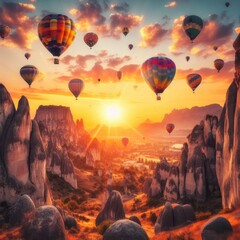 gorgeous view of flying air balloons over Cappadocia at sunrise and lots of people watching this moment from down