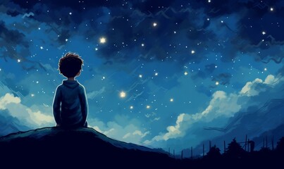 Fototapeta na wymiar illustration of a boy looking at night starry sky, Generative AI