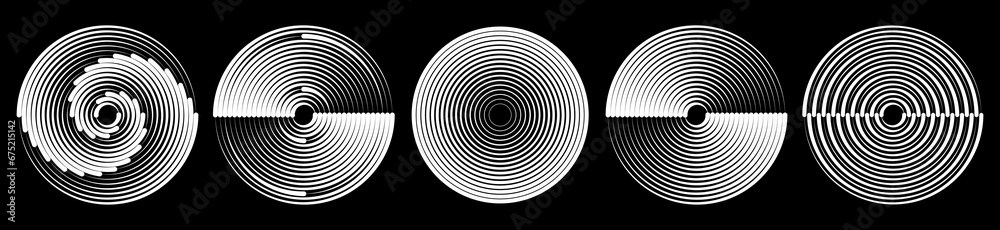 Poster Circular spiral sound wave rhythm icon set. Abstract rotated lines in circle form as background. Design element for prints, logo, sign, symbol and textile pattern. Yin and yang symbol.