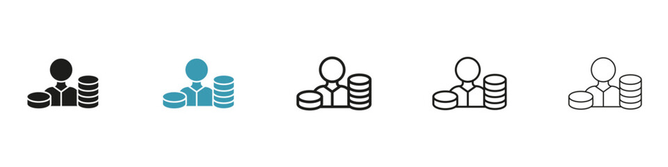 Investor vector icon set. Millionaire stockholder with fund symbol. Shareholder person sign in black and white color. - obrazy, fototapety, plakaty