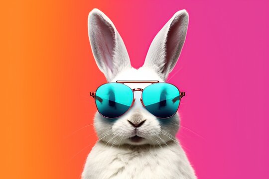 Abstract clip art of White Rabbit wearing trendy sunglasses in contemporary colourful background, Ai Generative 