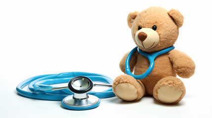 Blue stethoscope and teddy bear on a white background.
