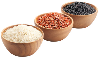 Three types of rice in bowls - basmati rice, red rice and black rice