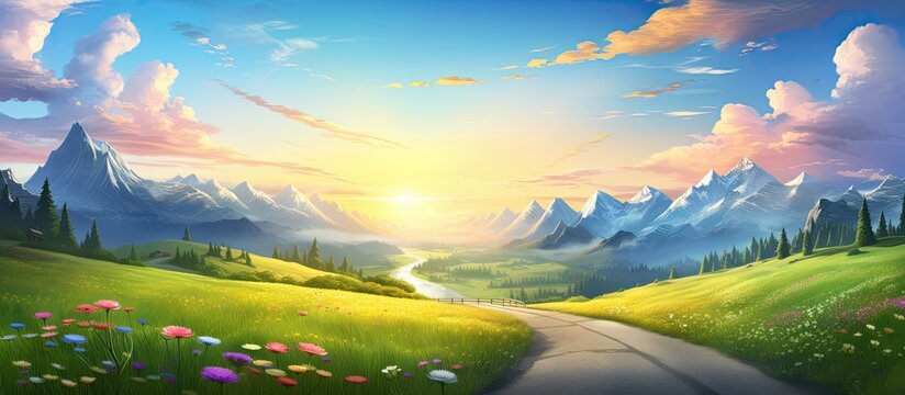 In the backdrop of a picturesque landscape adorned by vibrant green grass and surrounded by majestic mountains a scenic road leads the way towards a breathtaking sunset with the sky painted 