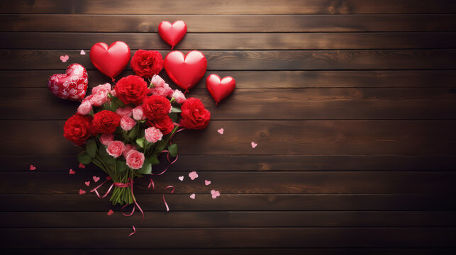 bouquet de ballons rouges en forme de cœur sur un fond bois © Fox_Dsign