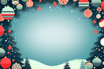 Drawn Christmas banner with New Year balls, New Year tree, snow. Blue background. Place for text, copy space in the center. New Year card design.