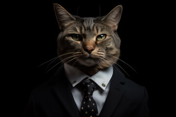 Black cat in business suit on black background,