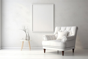 Beautiful bright living room interior with a comfortable white armchair and a large white painting on the wall. Generated by artificial intelligence