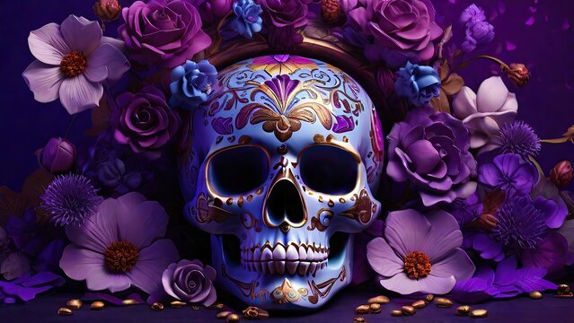 A colorful Dia de los Muertos skull adorned with vibrant flowers on a purple background, celebrating Dia de Muertos traditions.