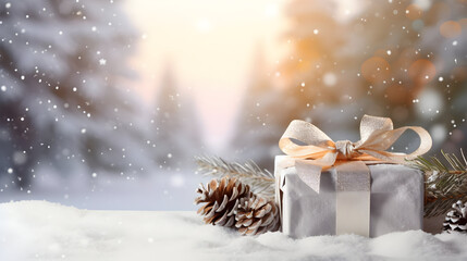 Still life with Christmas gift with orange ribbon, pine cones and branches on snow covered surface inside a winter forest with spruce and fir trees and sunset in the background.