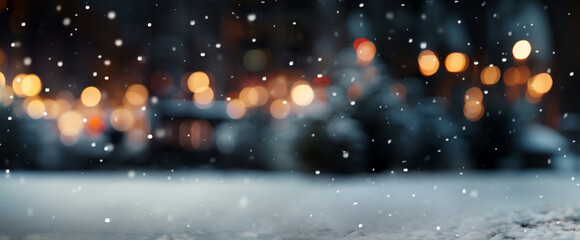 Christmas card with greetings on empty city background with bokeh and snow. Merry Xmas. Happy New Year greetings