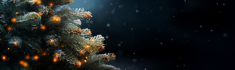 Christmas tree background with illuminated garland and snow. Merry Xmas card with lights and tree branches. Generative Ai