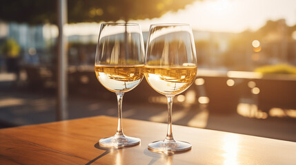 Two glasses of white wine in the sun on a table in a restaurant. Summer holiday. Celebrate and enjoy moment. Alcoholic drink tasting. Romantic evening aperitif. Wine glass close up. Generated AI