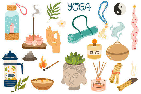 Yoga stickers set. Hand drawn elements set aroma sticks, mat, block. Collection of yoga stuff, equipment. Vector hand draw illustrations