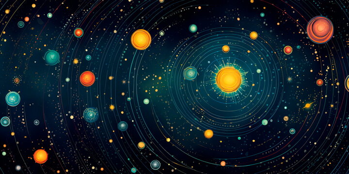 magical seamless with constellations, sun, planets, clouds and stars.