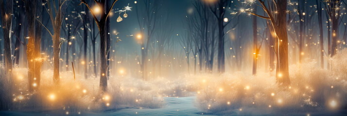 winter wonderland where golden bokeh lights mimic the glistening frost, turning it into a dreamlike world.
