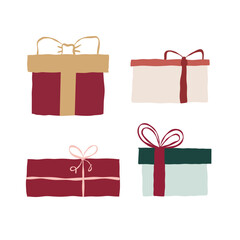 Set of different Christmas gifts with bows. Presents.Collection isolated on white background. Colorful wrapped. Vector icons for birthday, New year, Christmas, wedding.
