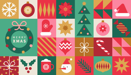 Christmas icons elements with geometric pattern. Merry Christmas and Happy New Year abstract modern background. Trendy design for banner, card, cover, poster, advertising, wallpaper, packaging. - obrazy, fototapety, plakaty