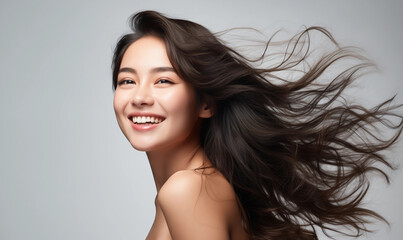 Portrait of a beautiful Asian woman with flowing black hair. Bright smile, shampoo advertising concept Hair conditioner and cosmetic products, Generation AI - obrazy, fototapety, plakaty