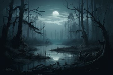 Dark forest at night with eerie swamp, illustrated artwork. Generative AI - obrazy, fototapety, plakaty