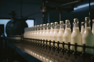 conveyor with milk bottles on factory,