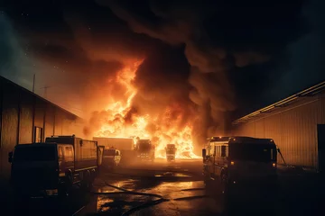  The fire burns over the warehouse, black smoke flames into the sky. © yurakrasil